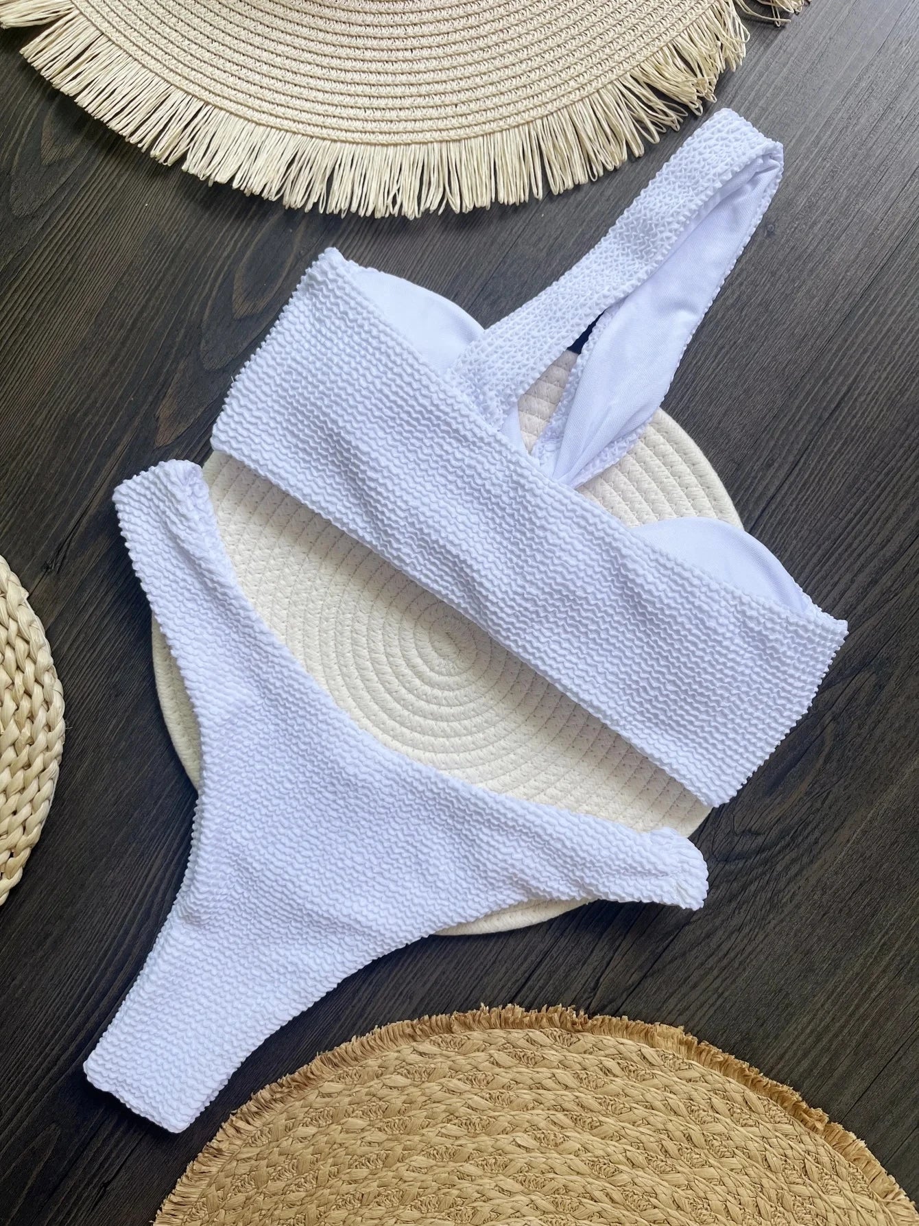 Wrinkled Crinkled One Shoulder Padded Bikini Swimsuit Swimwear Two-pieces Bikini set Bather Bathing Suit