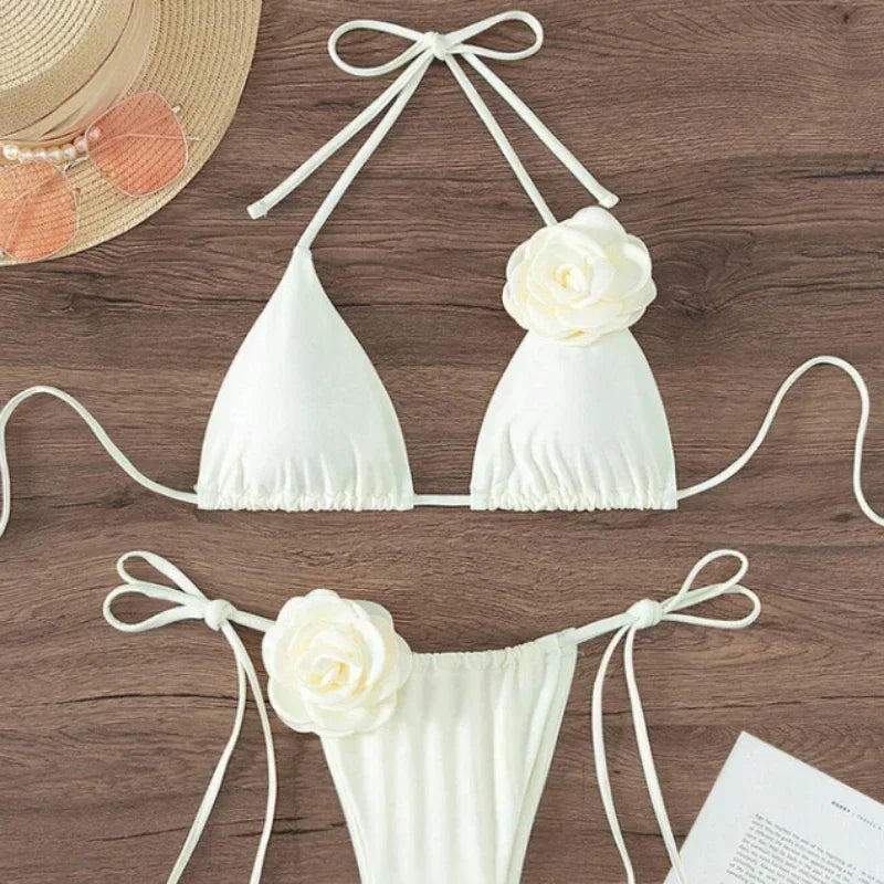 Sexy 3D Flowers Halter Strappy Bikini Swimwear Swimsuit Two-pieces Bikini Set Bather Bathing Suit Swim