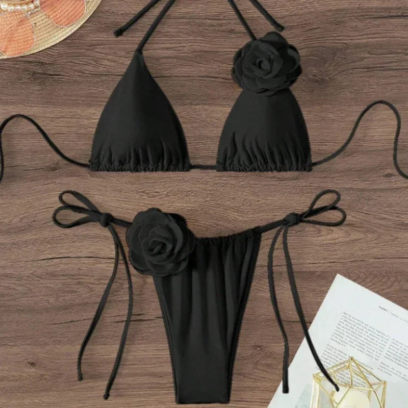 Sexy 3D Flowers Halter Strappy Bikini Swimwear Swimsuit Two-pieces Bikini Set Bather Bathing Suit Swim