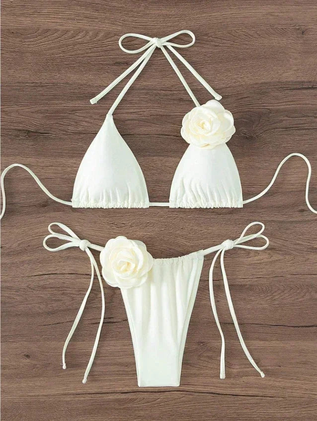 Sexy 3D Flowers Halter Strappy Bikini Swimwear Swimsuit Two-pieces Bikini Set Bather Bathing Suit Swim