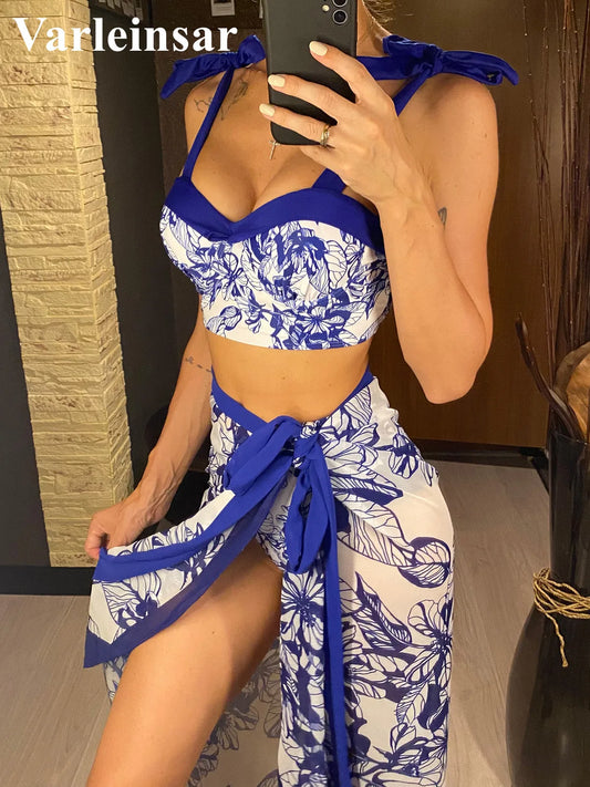 With Skirt Printed Swimsuit High Waist Bikini Swimwear Three-pieces Bikini set Bather Bathing Suit Swim