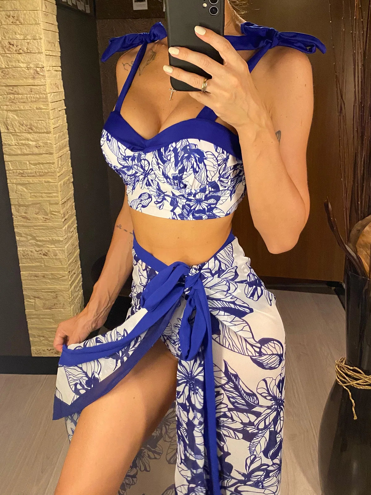 With Skirt Printed Swimsuit High Waist Bikini Swimwear Three-pieces Bikini set Bather Bathing Suit Swim