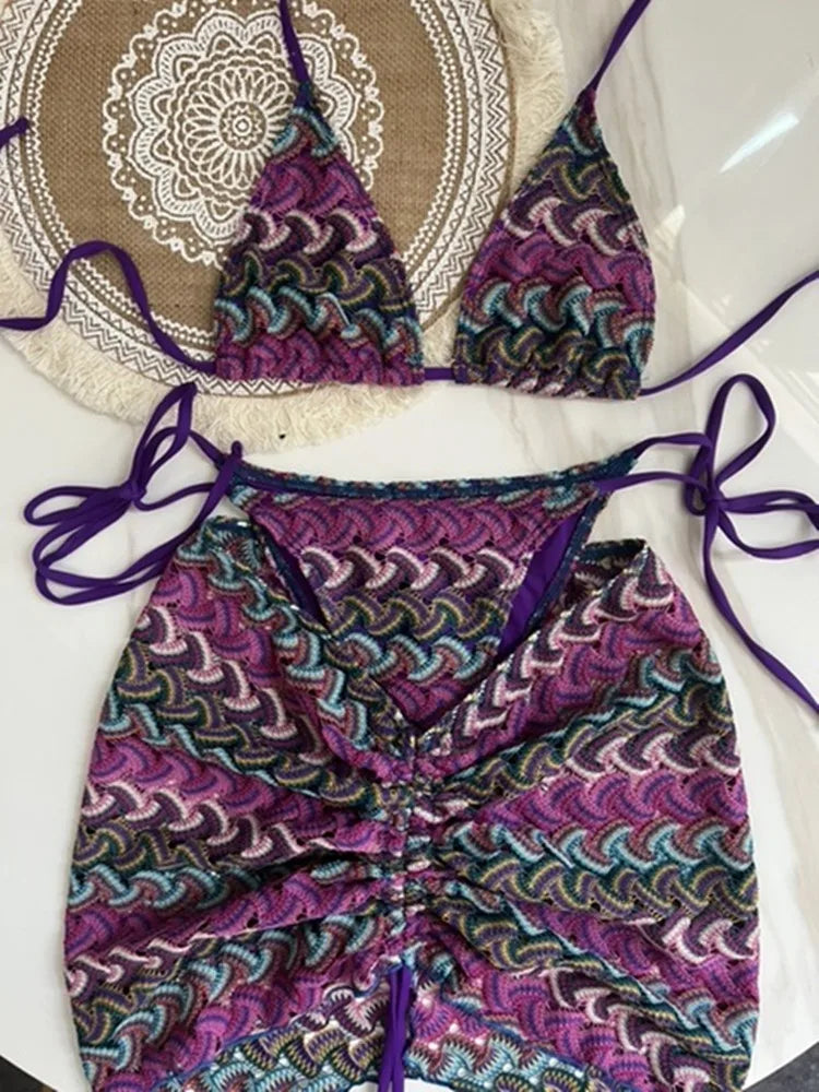 Knitted Crochet Bikini Skirt Three-Piece Set Split Swimsuit Bikini