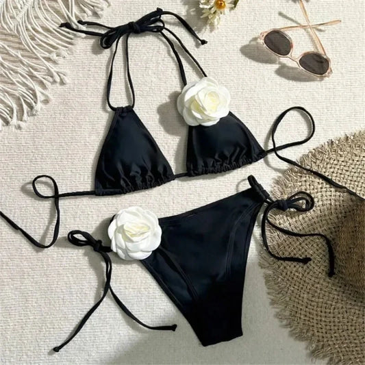 Sexy 3D Floral Designer Bikini Set Bandeau Push Up Bra Black White Patchwork Micro Swimsuit Bathing Suit Thong Swimwear