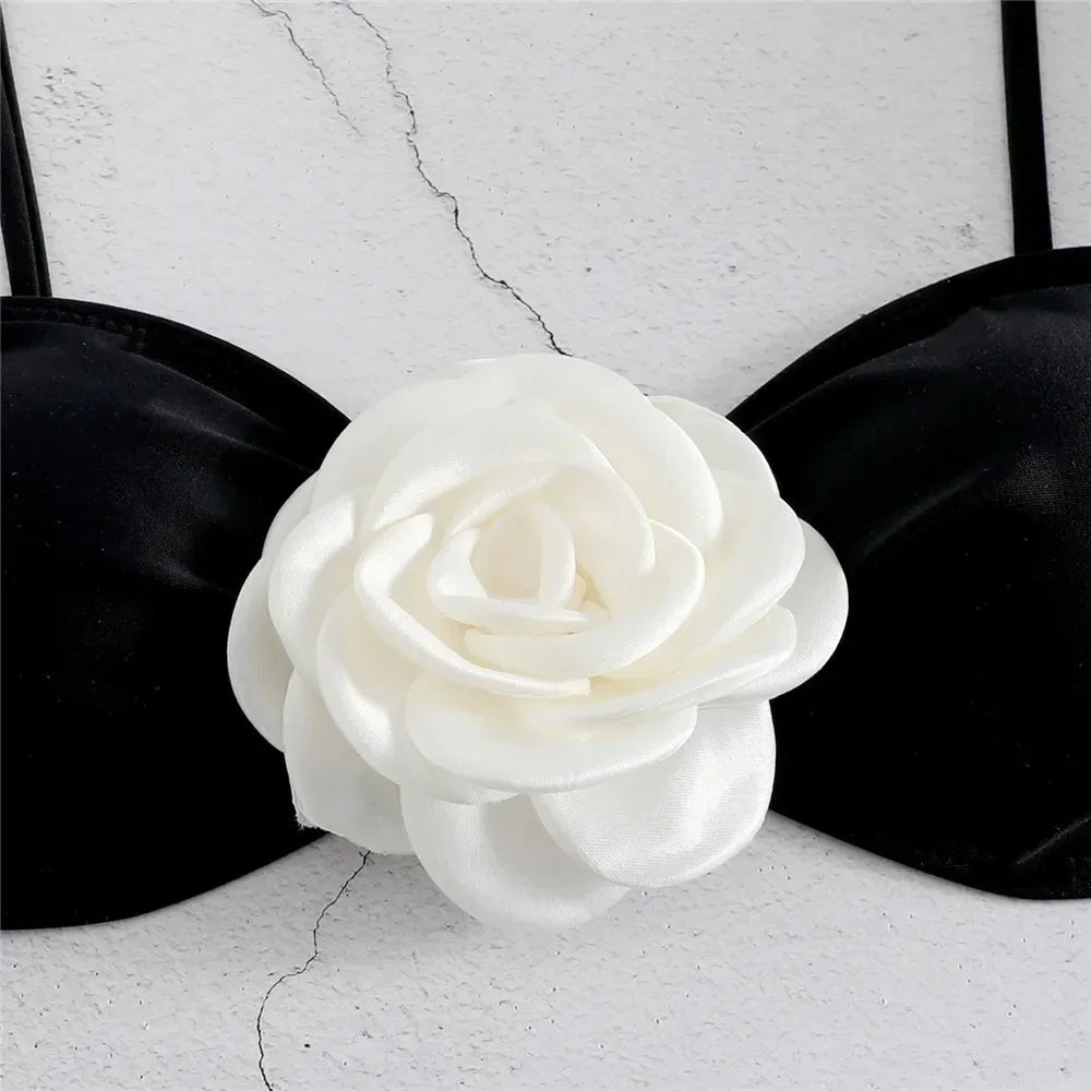 Sexy 3D Floral Designer Bikini Set Bandeau Push Up Bra Black White Patchwork Micro Swimsuit Bathing Suit Thong Swimwear