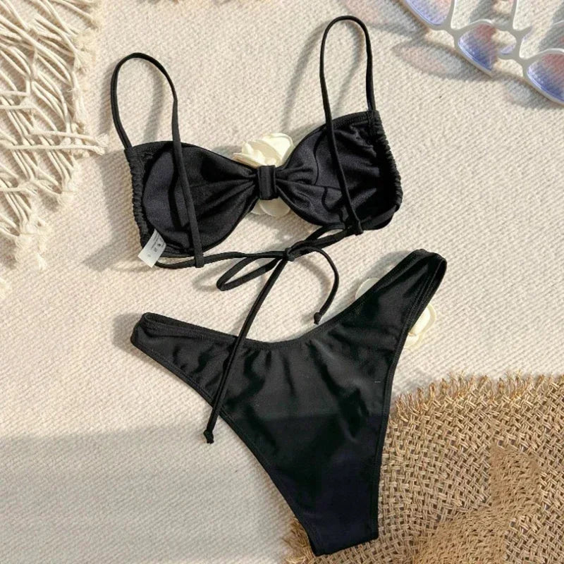 Sexy 3D Floral Designer Bikini Set Bandeau Push Up Bra Black White Patchwork Micro Swimsuit Bathing Suit Thong Swimwear