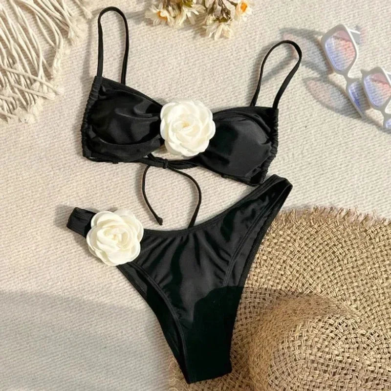 Sexy 3D Floral Designer Bikini Set Bandeau Push Up Bra Black White Patchwork Micro Swimsuit Bathing Suit Thong Swimwear