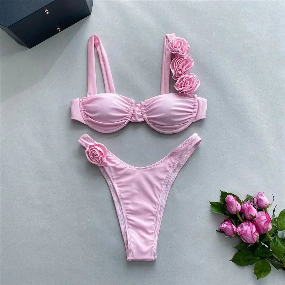 Sexy 3D Flower Shiny Pink Push Up Bikini Swimwear Underwired Swimsuit High Cut Bathing Suit Wrinkled Bikinis Sets