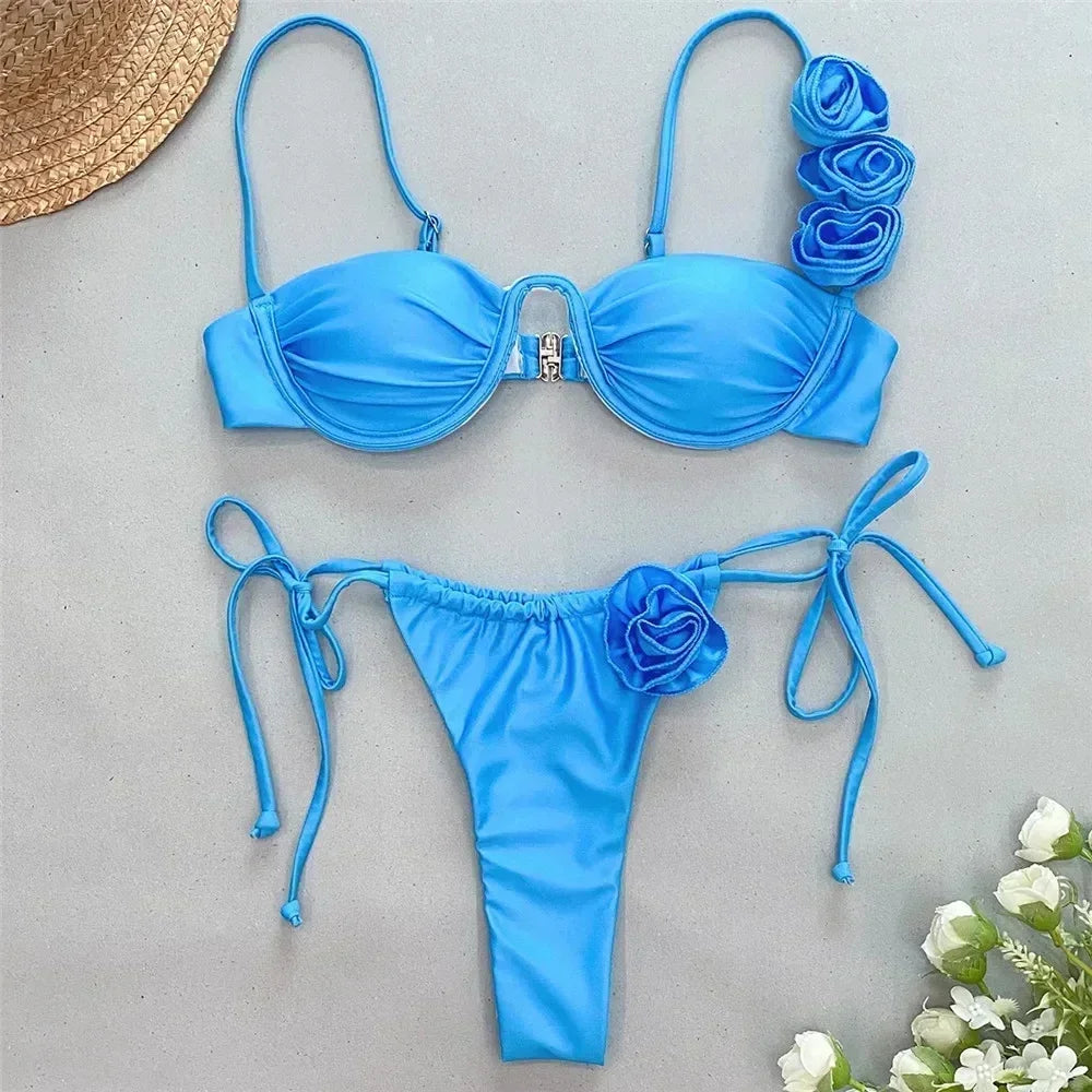 Sexy 3D Flower Shiny Pink Push Up Bikini Swimwear Underwired Swimsuit High Cut Bathing Suit Wrinkled Bikinis Sets