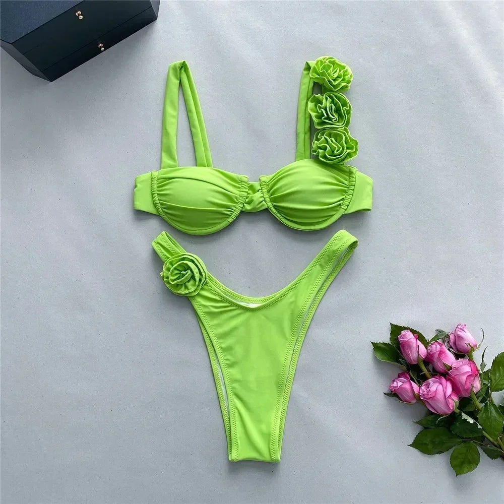 Sexy 3D Flower Shiny Pink Push Up Bikini Swimwear Underwired Swimsuit High Cut Bathing Suit Wrinkled Bikinis Sets