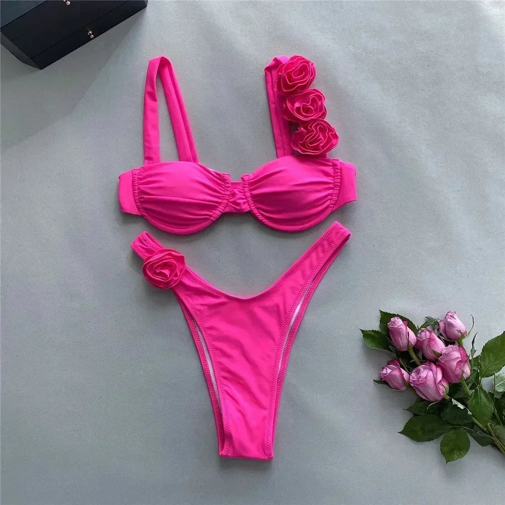 Sexy 3D Flower Shiny Pink Push Up Bikini Swimwear Underwired Swimsuit High Cut Bathing Suit Wrinkled Bikinis Sets