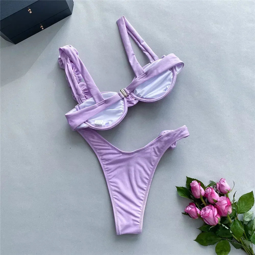 Sexy 3D Flower Shiny Pink Push Up Bikini Swimwear Underwired Swimsuit High Cut Bathing Suit Wrinkled Bikinis Sets