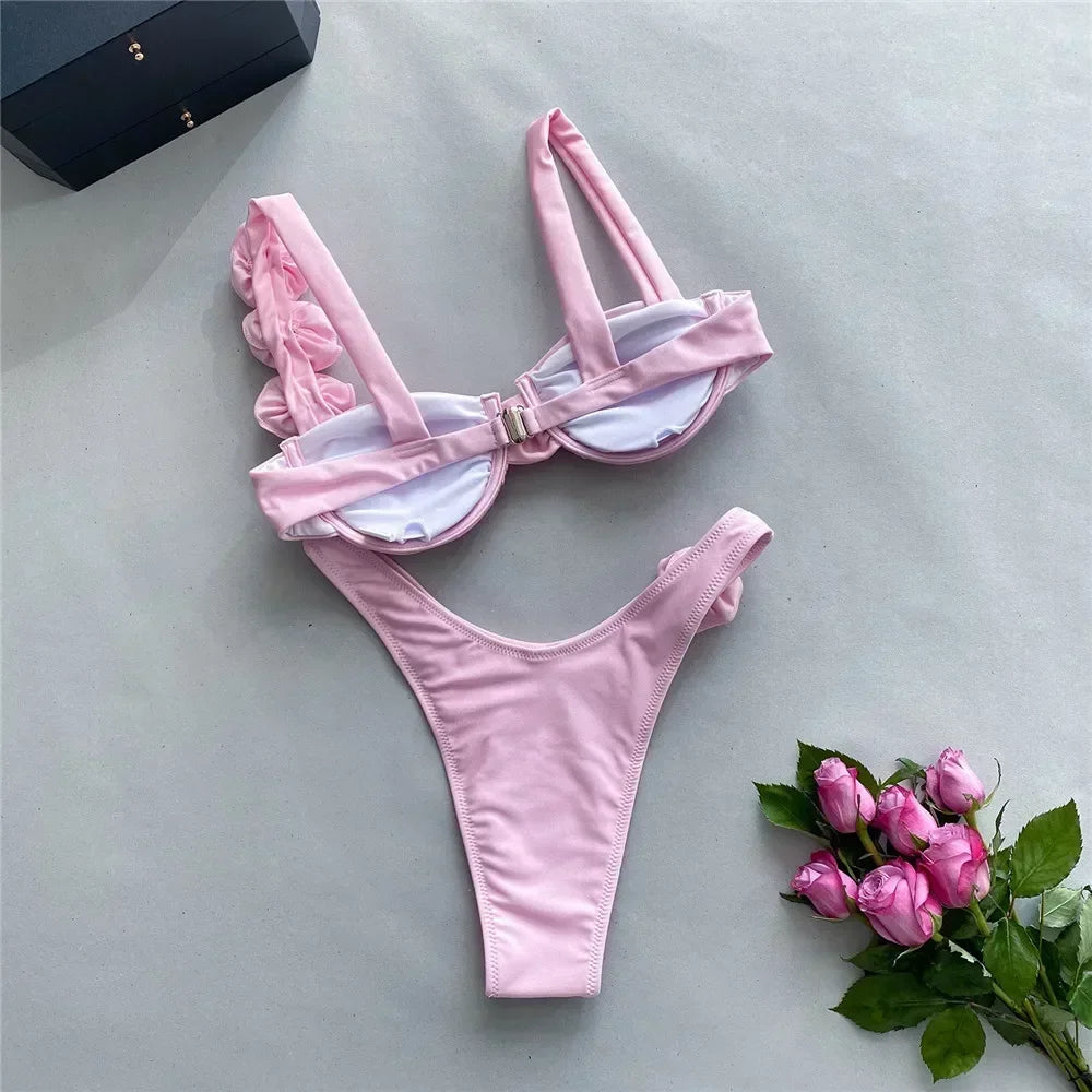 Sexy 3D Flower Shiny Pink Push Up Bikini Swimwear Underwired Swimsuit High Cut Bathing Suit Wrinkled Bikinis Sets