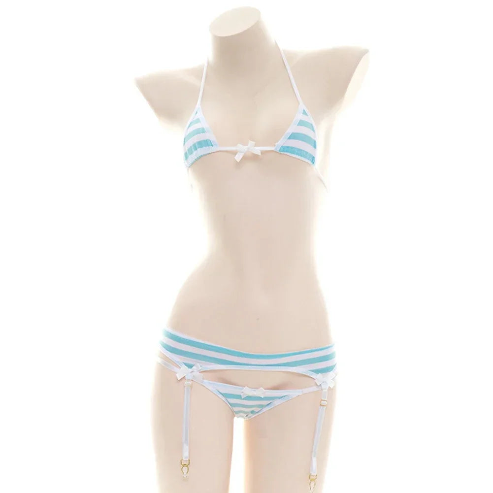 Sexy Bikini Set Strap Underwear Stripe Cute Lingerie Micro-Bikinis Swimwear Schoolgirl Anime Cosplay