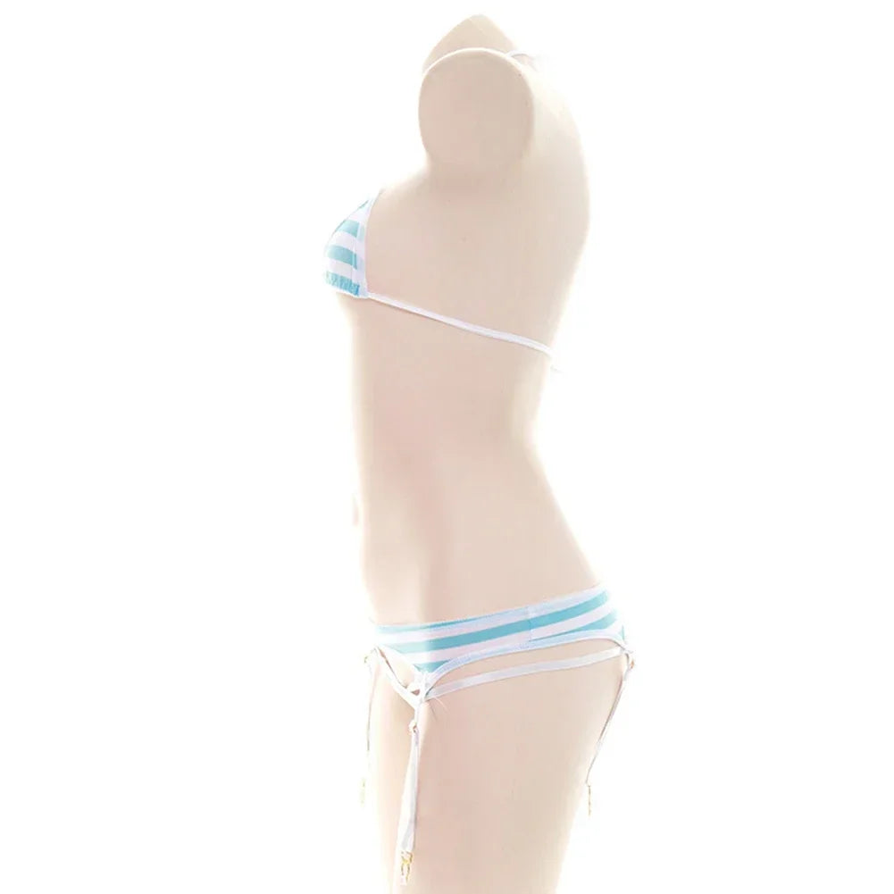 Sexy Bikini Set Strap Underwear Stripe Cute Lingerie Micro-Bikinis Swimwear Schoolgirl Anime Cosplay