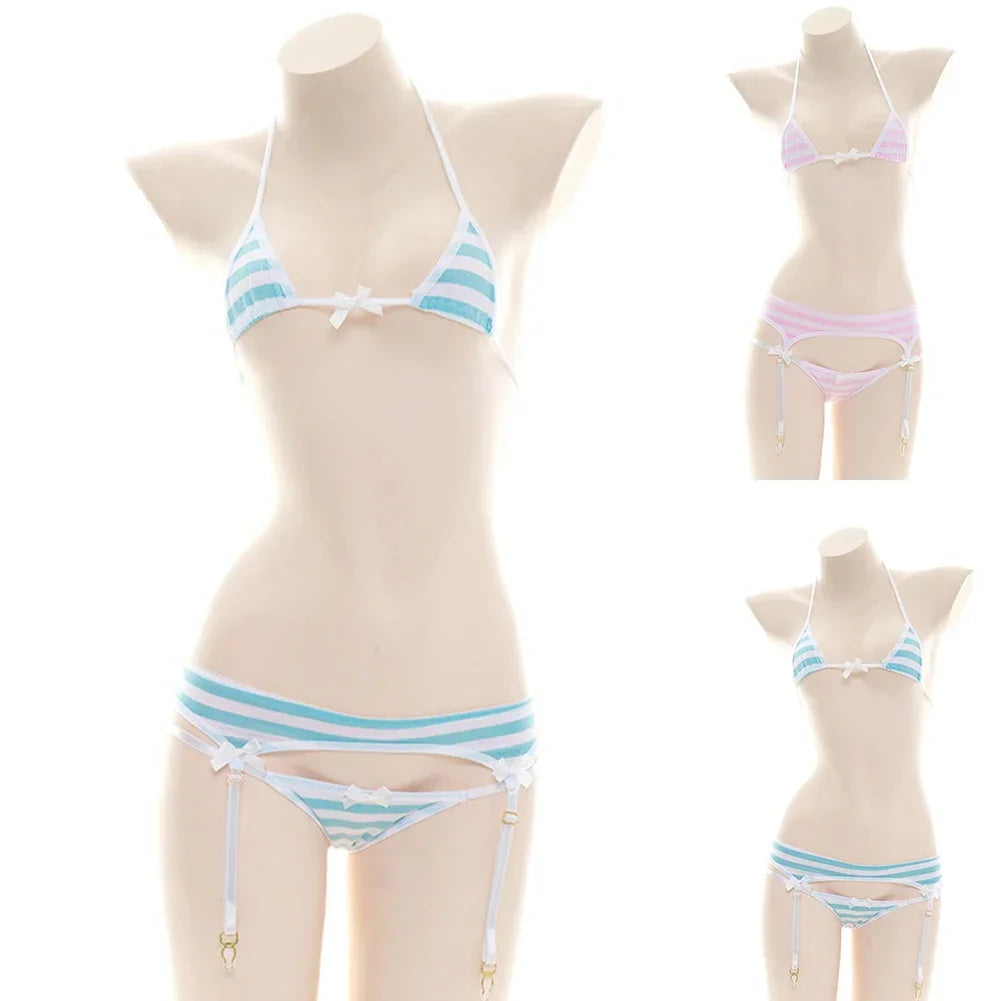 Sexy Bikini Set Strap Underwear Stripe Cute Lingerie Micro-Bikinis Swimwear Schoolgirl Anime Cosplay