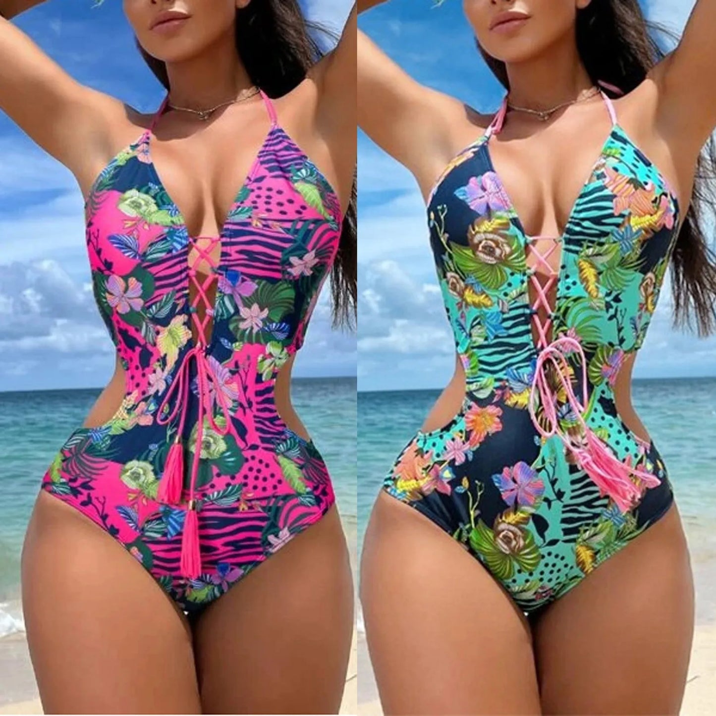 Sexy Bikini Swimsuit Corded At The Chest Tassel Closure Waist Leaky Back Buckle Bikini High Waisted Bikini Bottoms