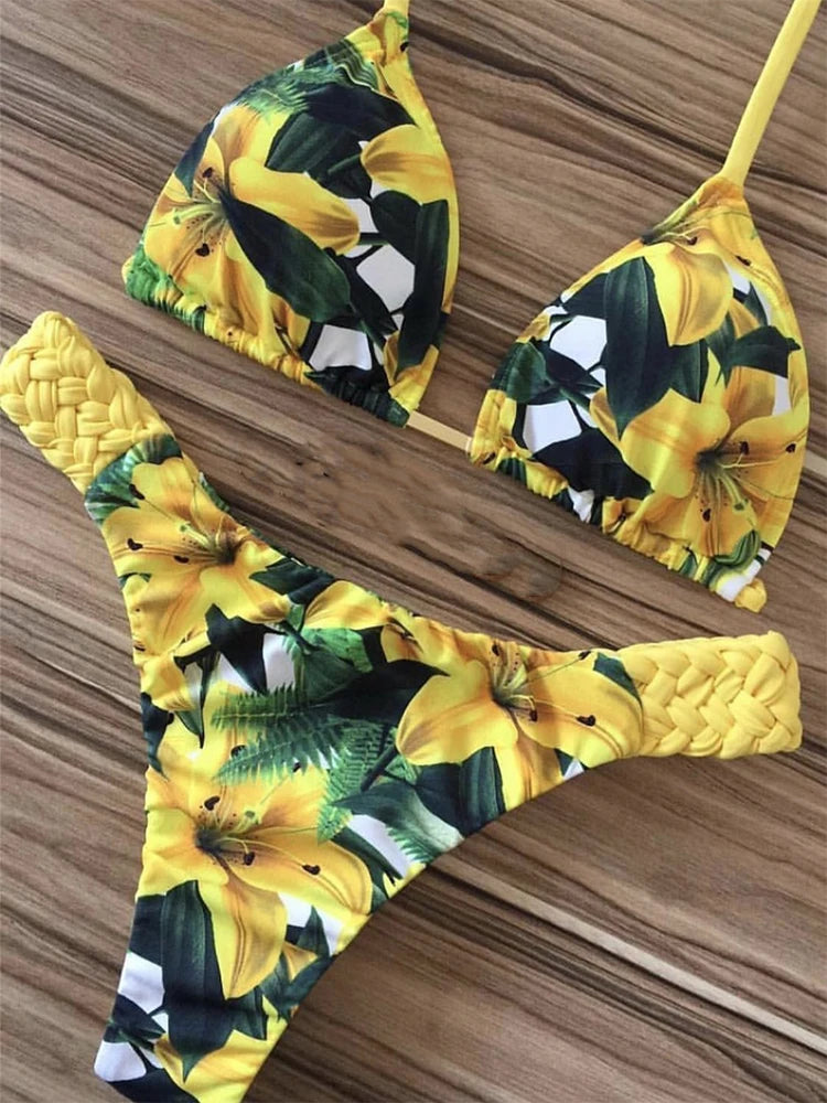 Sexy Floral Print Bikini Summer bathers Bathing Suit Bandage Swimsuit Halter Bikini Set Two-piece Suit