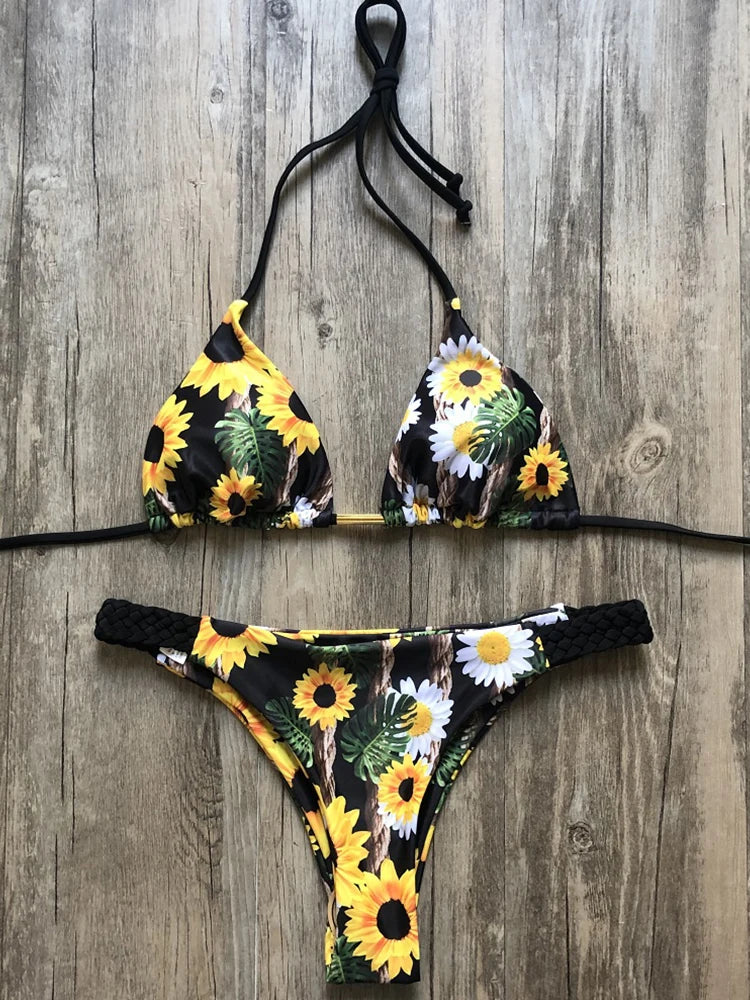 Sexy Floral Print Bikini Summer bathers Bathing Suit Bandage Swimsuit Halter Bikini Set Two-piece Suit