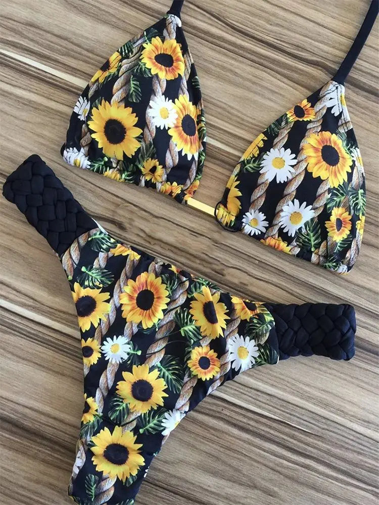 Sexy Floral Print Bikini Summer bathers Bathing Suit Bandage Swimsuit Halter Bikini Set Two-piece Suit