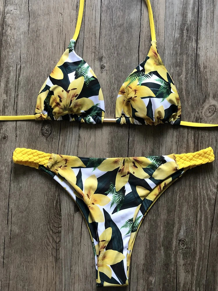 Sexy Floral Print Bikini Summer bathers Bathing Suit Bandage Swimsuit Halter Bikini Set Two-piece Suit