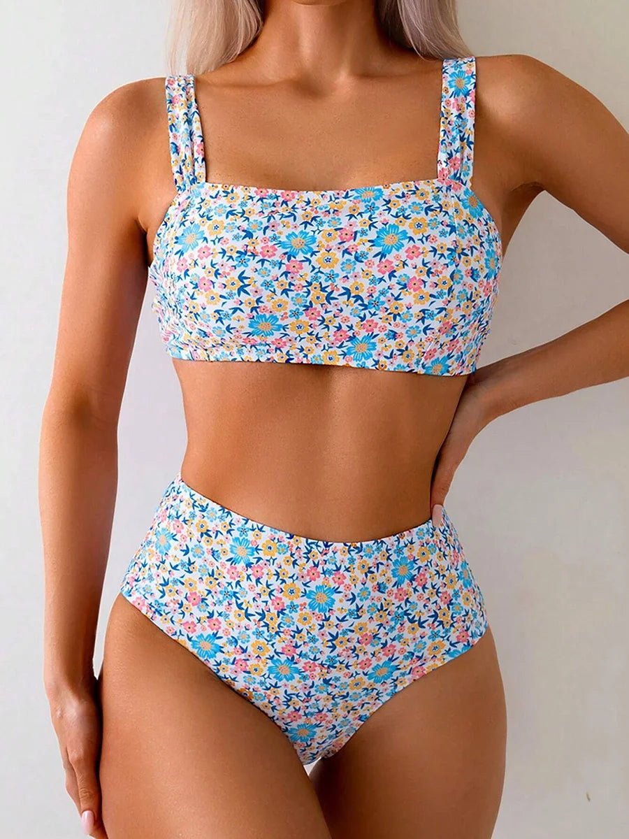 Sexy Floral Print Swimsuits Bikini Swimwear High Waisted Bikinis Sets Two Pieces Bandeau Bathing Suit Beahwear