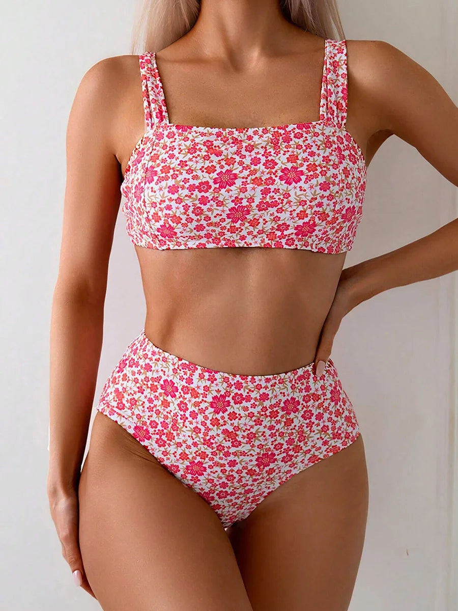 Sexy Floral Print Swimsuits Bikini Swimwear High Waisted Bikinis Sets Two Pieces Bandeau Bathing Suit Beahwear