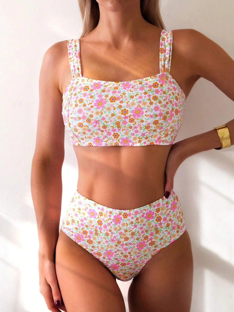 Sexy Floral Print Swimsuits Bikini Swimwear High Waisted Bikinis Sets Two Pieces Bandeau Bathing Suit Beahwear