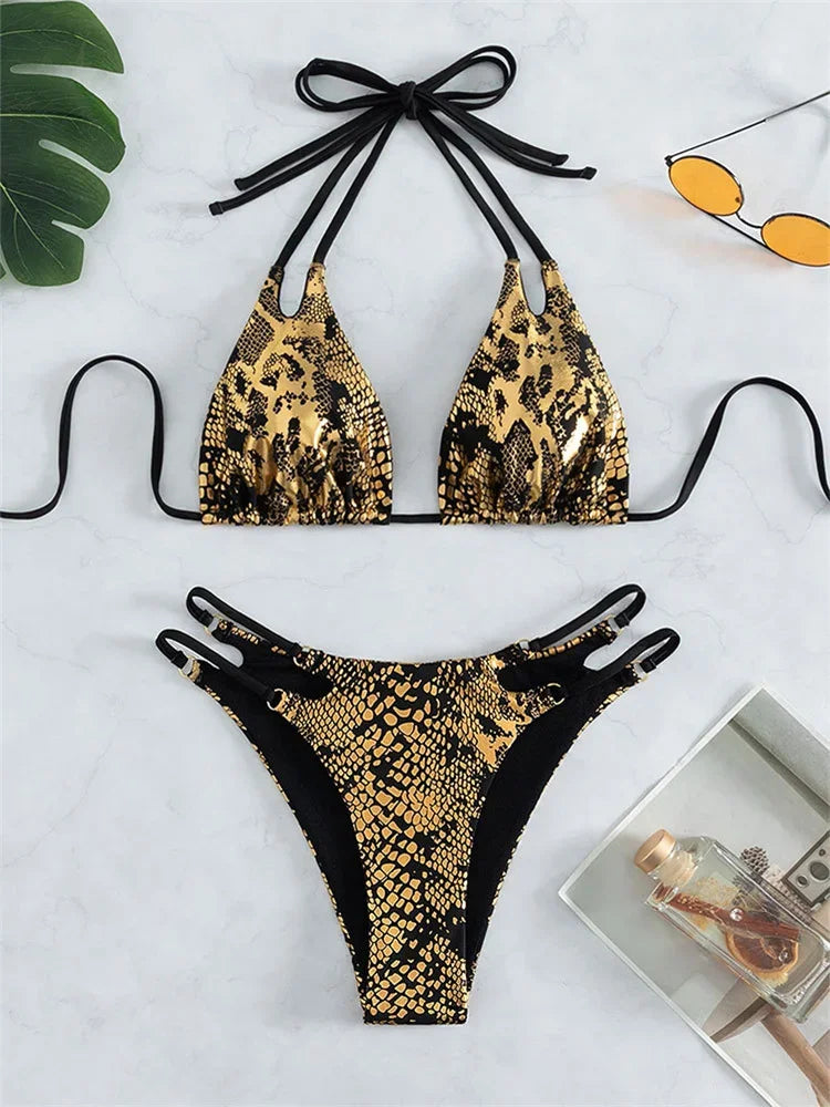 Sexy Gold Snake Print Bikini Halter Cut Out Push Up Micro Swimsuit Summer Bathing Suit Lace Up High Waist Swimwear