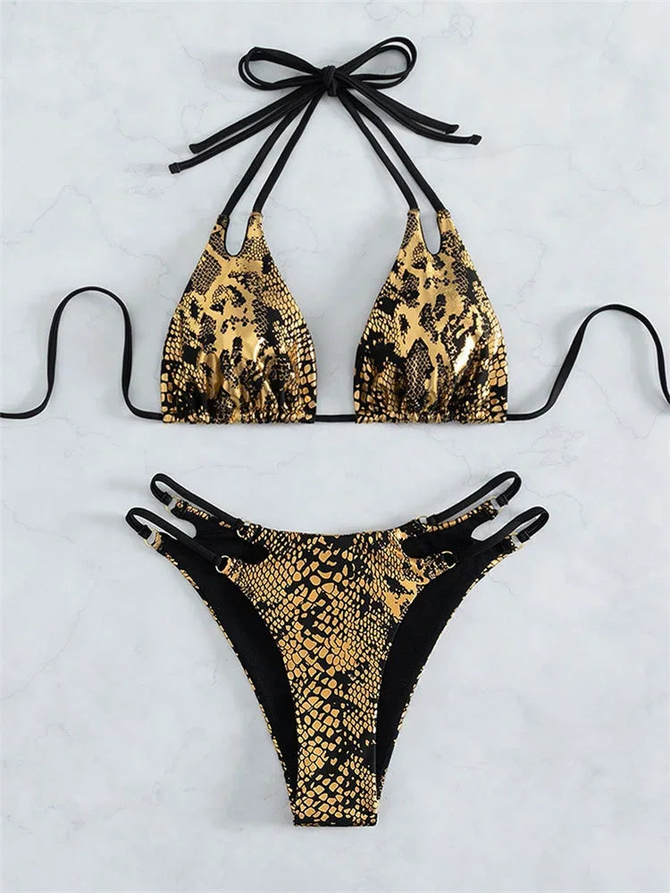 Sexy Gold Snake Print Bikini Halter Cut Out Push Up Micro Swimsuit Summer Bathing Suit Lace Up High Waist Swimwear