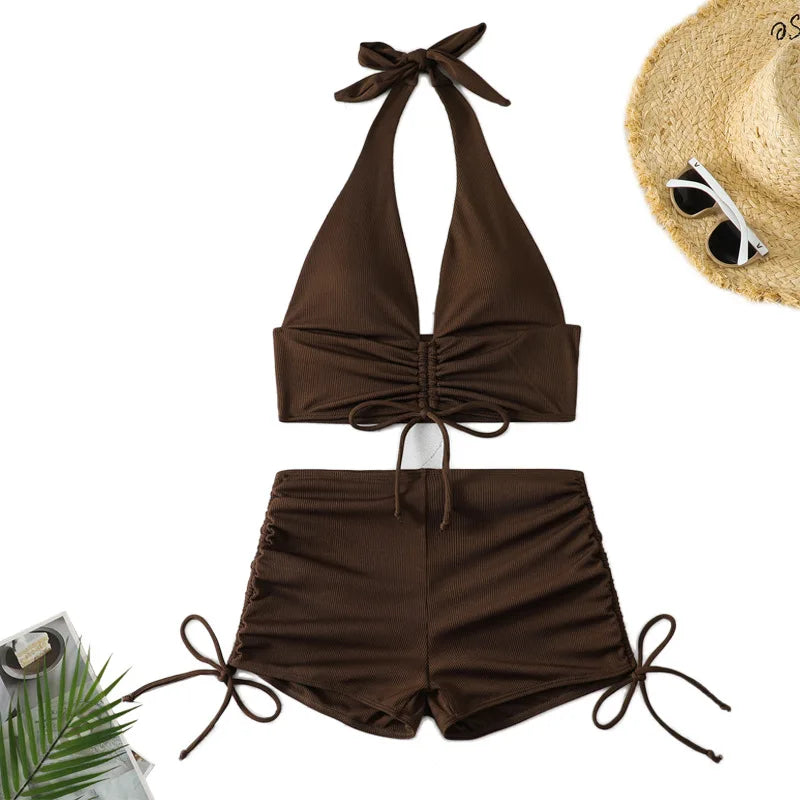 Sexy High Waist Bikini Shorts Swimsuit Two Piece Swimwear Female Bikinis Set Brown Bathing Suits Brazilian Biquini