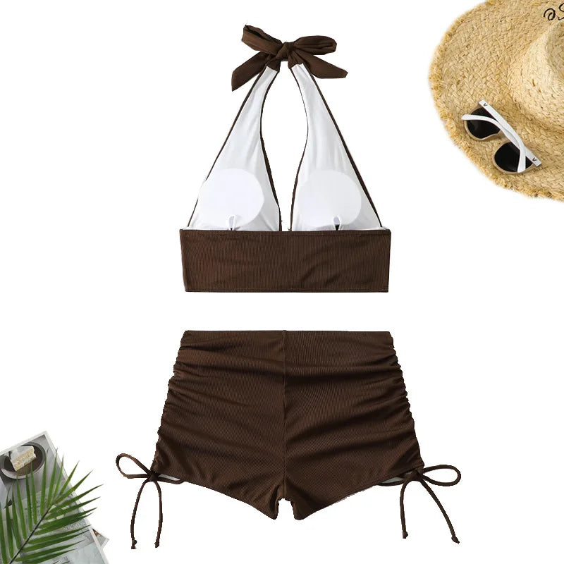 Sexy High Waist Bikini Shorts Swimsuit Two Piece Swimwear Female Bikinis Set Brown Bathing Suits Brazilian Biquini