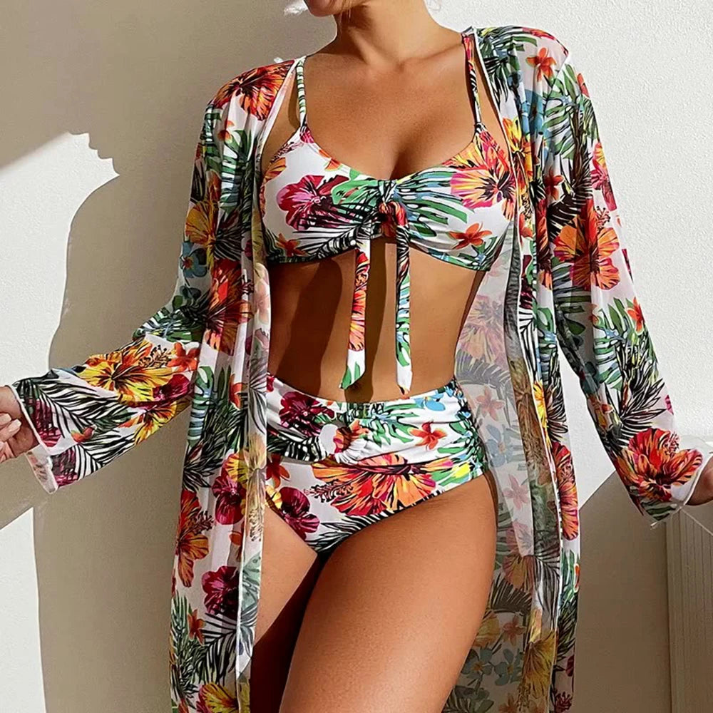 Sexy High Waisted Bikini Three Pieces Floral Printed Swimsuit Bikini Set With Mesh Long-Sleeved Blouse