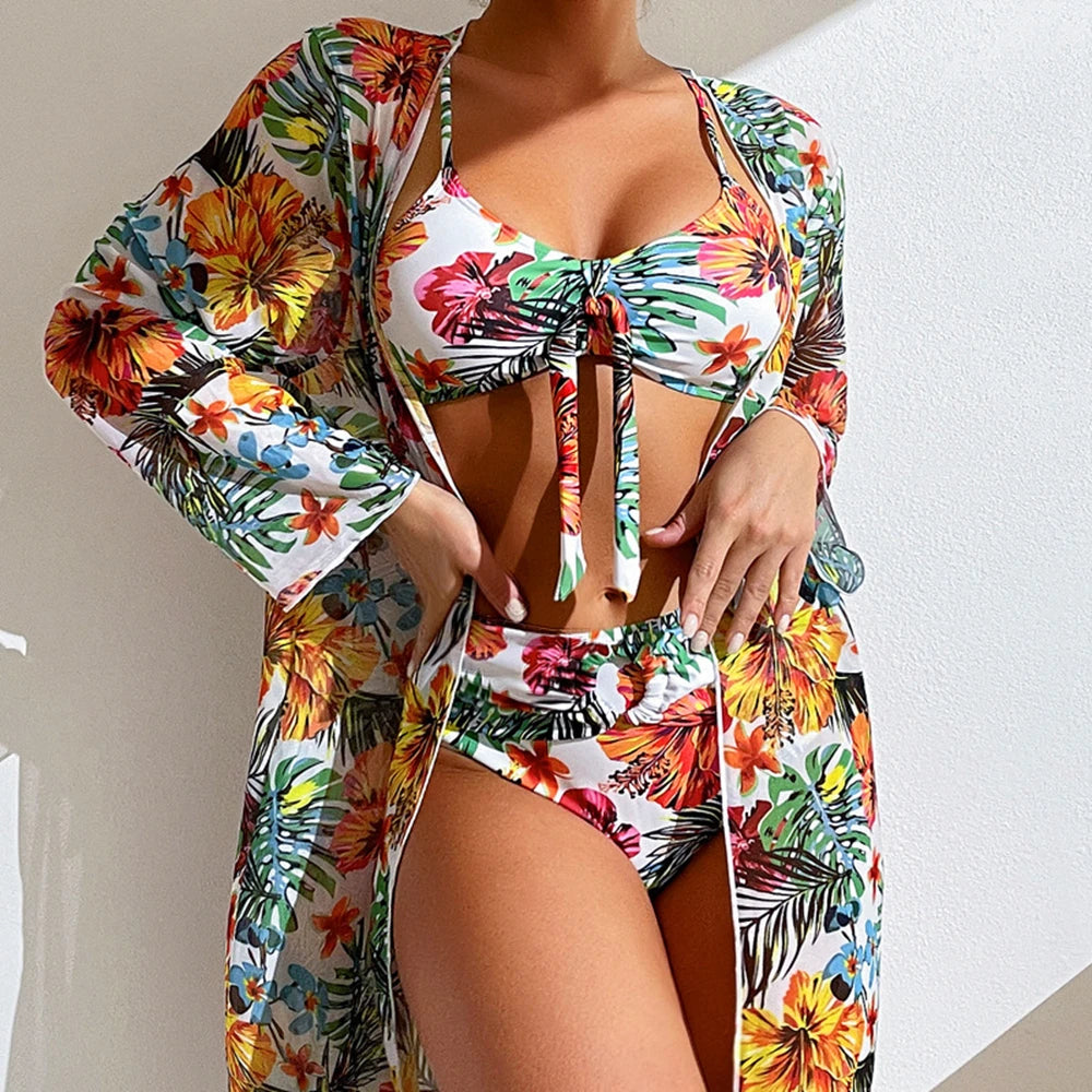 Sexy High Waisted Bikini Three Pieces Floral Printed Swimsuit Bikini Set With Mesh Long-Sleeved Blouse