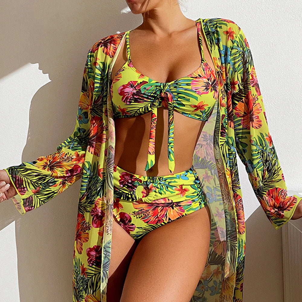 Sexy High Waisted Bikini Three Pieces Floral Printed Swimsuit Bikini Set With Mesh Long-Sleeved Blouse