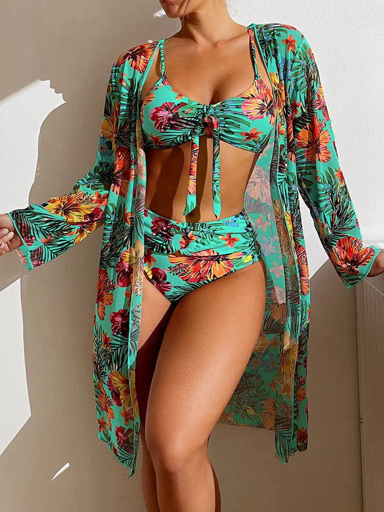 Sexy High Waisted Bikini Three Pieces Floral Printed Swimsuit Bikini Set With Mesh Long-Sleeved Blouse