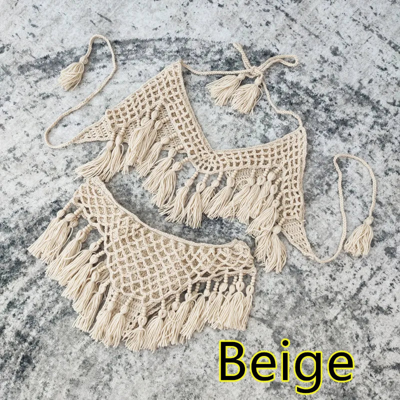 Sexy Knitted 2PCS Handmade Crochet Beach Clothings Tassel Set Bikini Swimsuit