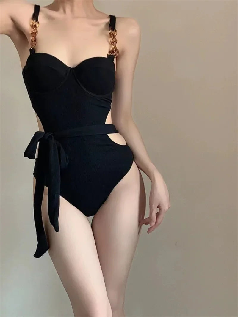 Sexy Push Up Swimsuit One Piece Bikinis with Waist Tie Hollow Bodysuits Bikinis Padded Swimwear