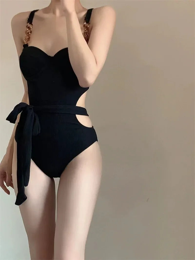 Sexy Push Up Swimsuit One Piece Bikinis with Waist Tie Hollow Bodysuits Bikinis Padded Swimwear