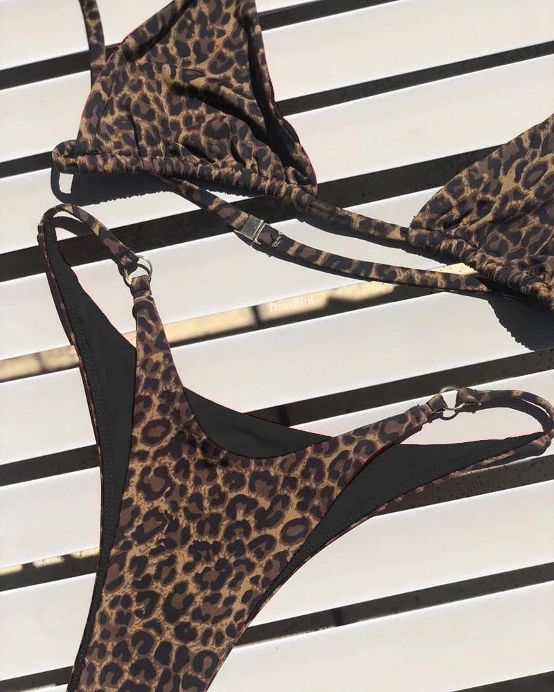 Sexy Leopard Bikini Suit Strap Push Up Swimsuit Bikini Low Waist Swimwear Summer Backless Beachwear