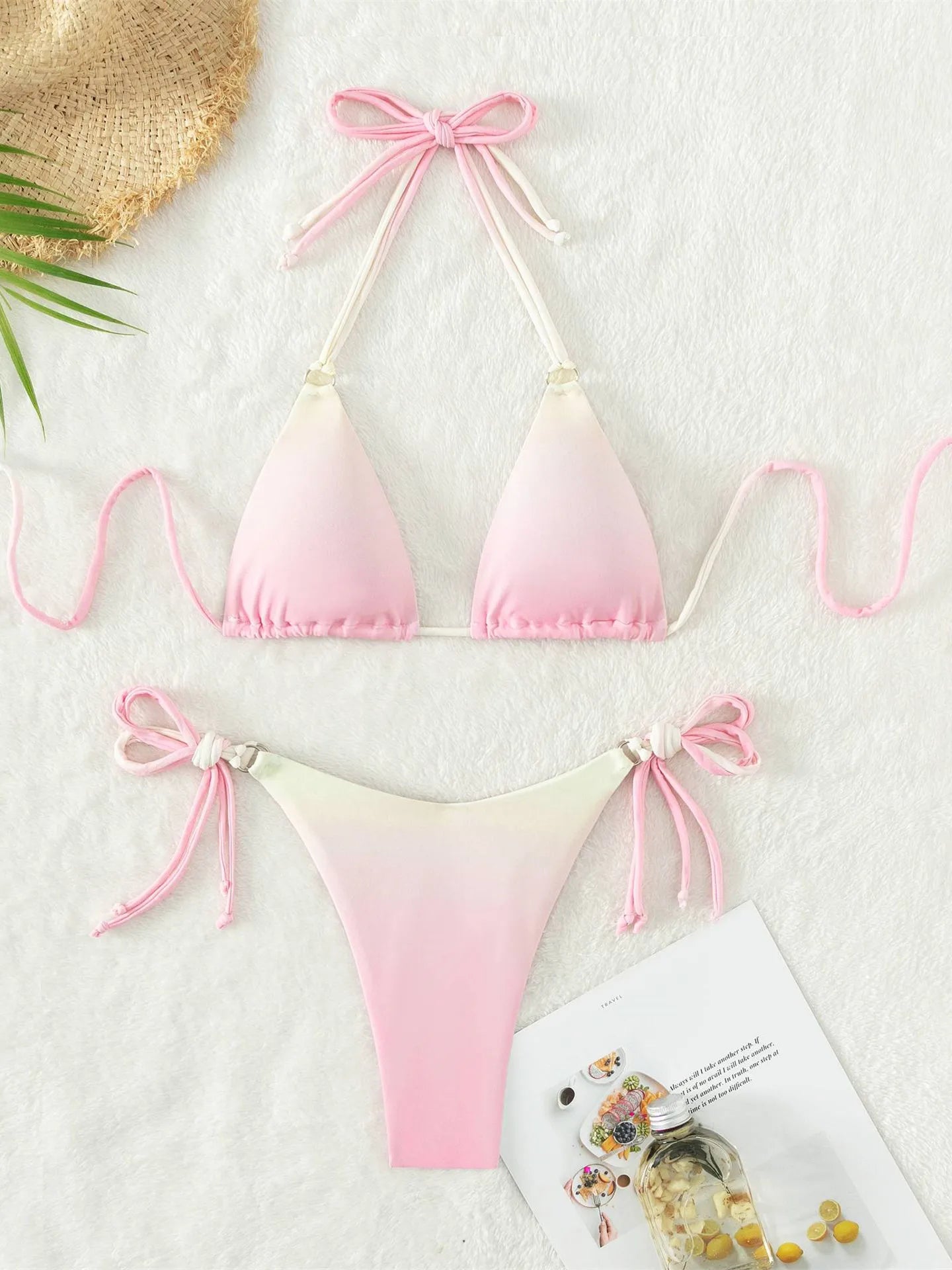 Sexy Micro Bikini Pink Gradient Push Up Bikinis Sets Biquini Ribbed Bathing Suit Tie Side Triangle Swimwear Beachwear