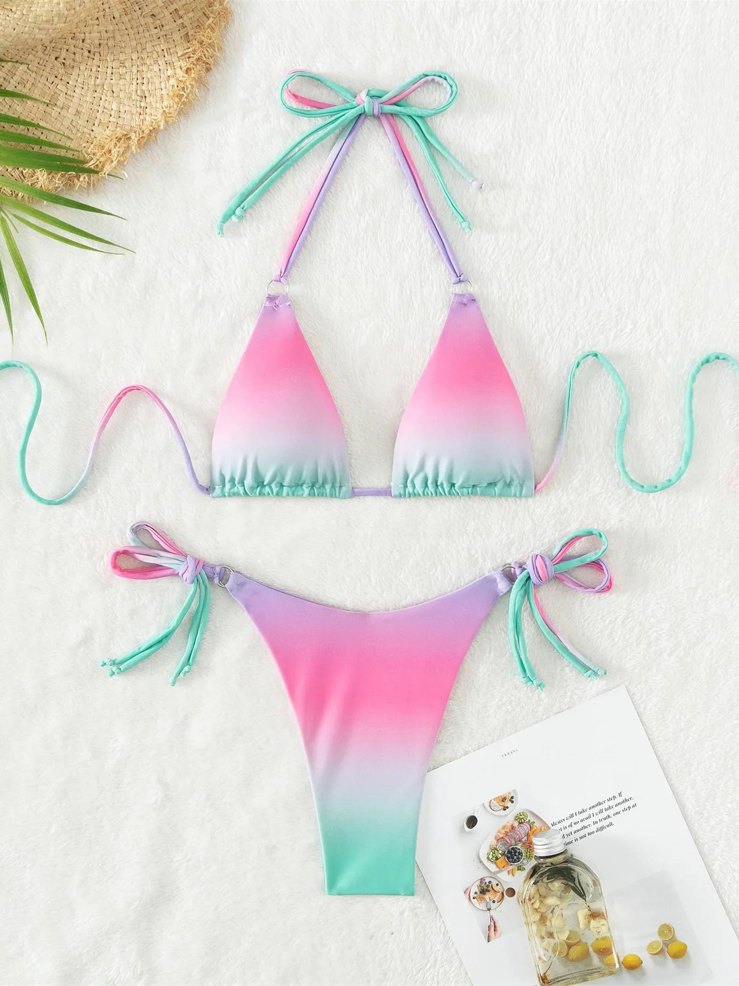 Sexy Micro Bikini Pink Gradient Push Up Bikinis Sets Biquini Ribbed Bathing Suit Tie Side Triangle Swimwear Beachwear