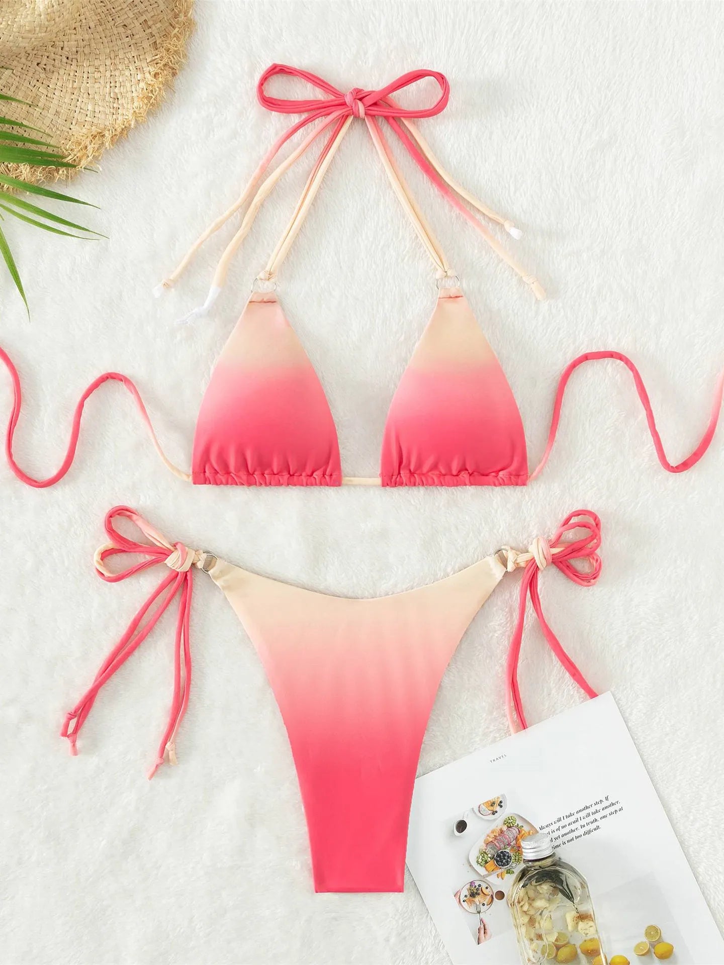 Sexy Micro Bikini Pink Gradient Push Up Bikinis Sets Biquini Ribbed Bathing Suit Tie Side Triangle Swimwear Beachwear