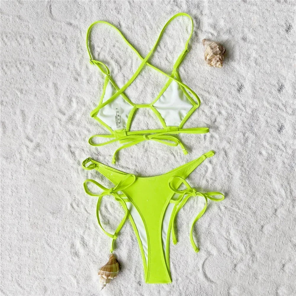 Sexy Neon Green String Lace-up Micro Thong Swimsuit Bikinis Sets Hollow Out Swimwear Bathing Suit Biquinis Bikini Mujer