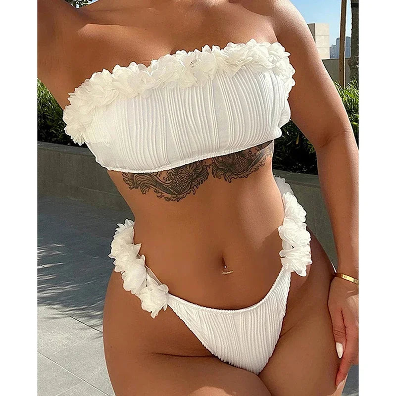 Sexy Swimwear 3D Floral Solid Bikini Suit Sexy White Strapless Beach Swimsuit Bikini Suit Beachwear Striped Bathing Suit