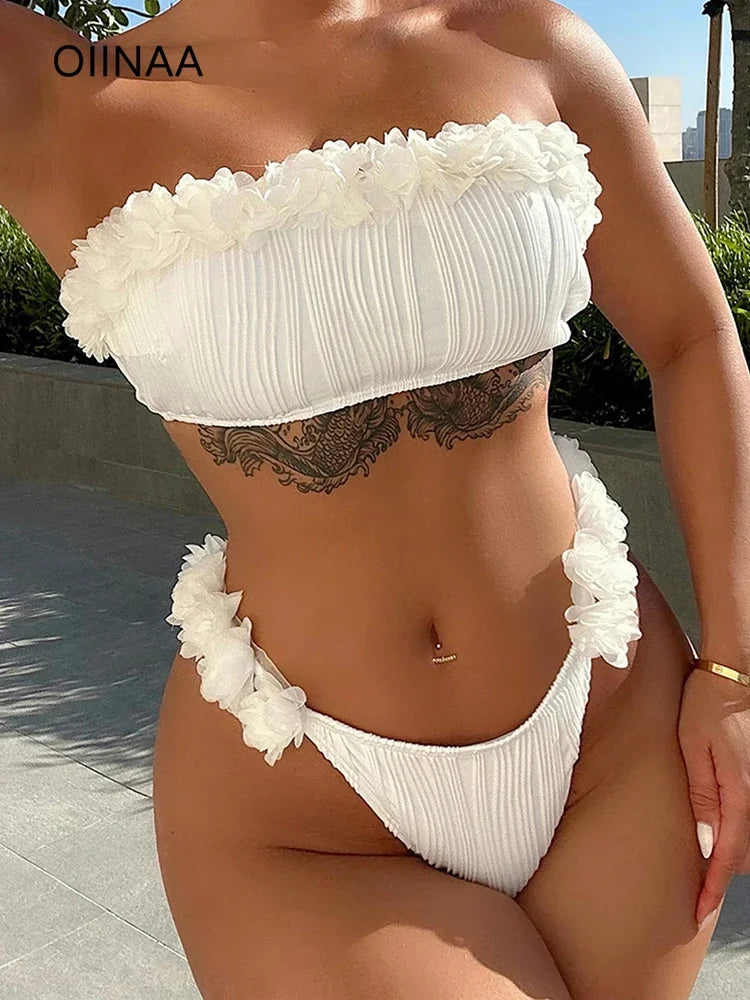 Sexy Swimwear 3D Floral Solid Bikini Suit Sexy White Strapless Beach Swimsuit Bikini Suit Beachwear Striped Bathing Suit