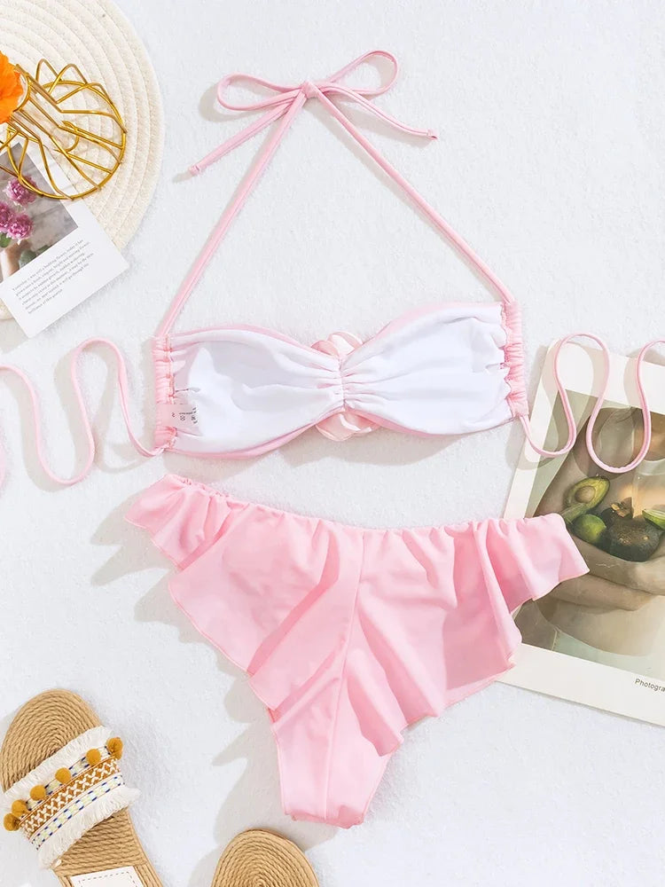 Sexy Swimwear Pink Bathing Suit 3D Floral Halter Bikini Set Ruffles Two-piece Split Lace Up Biquinis