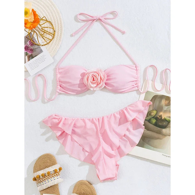 Sexy Swimwear Pink Bathing Suit 3D Floral Halter Bikini Set Ruffles Two-piece Split Lace Up Biquinis