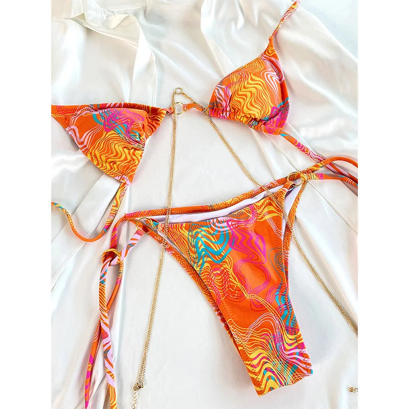 Sexy Triangle Chains Bikini Sets Micro Thongs Swimsuit Bathing Suit Biquini Bandage Beachwear Print Swimwear Thong Bikini