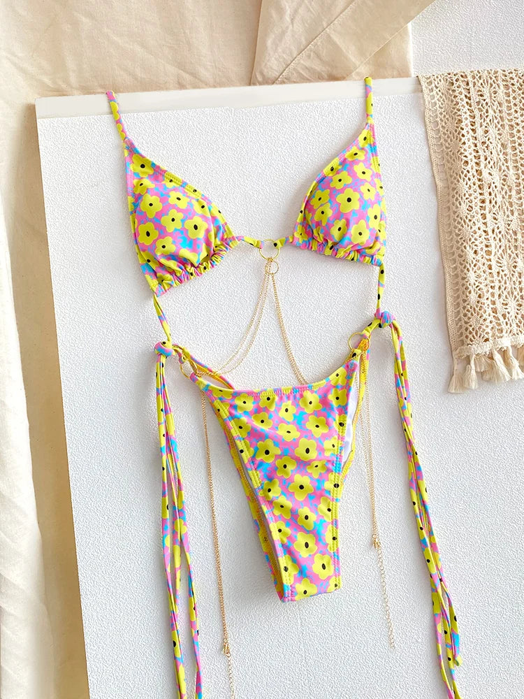 Sexy Triangle Chains Bikini Sets Micro Thongs Swimsuit Bathing Suit Biquini Bandage Beachwear Print Swimwear Thong Bikini